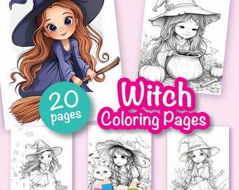20 Witch Coloring Pages, Witch Coloring Pages Printable, Coloring Book For Adults & Kids