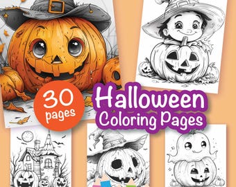 30 Halloween Pumkin Coloring Pages - Adult And Kids Coloring Book, Greyscale, Coloring Sheets, Instant Download, Printable PDF File.