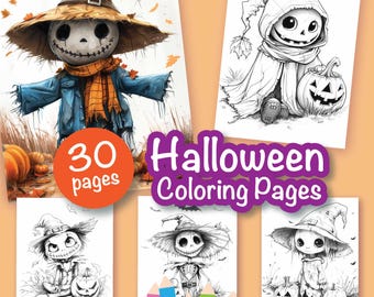 30 Halloween Coloring Pages - Adult And Kids Coloring Book, Greyscale, Coloring Sheets, Instant Download, Printable PDF File.