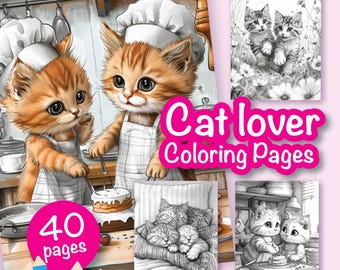 40 Cat Coloring Pages, Printable Digital Coloring, Coloring Book For Adults & Kids