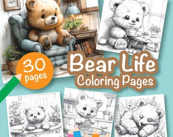 30 Bear Coloring Pages - Adult And Kids Coloring Book, Greyscale, Coloring Sheets, Instant Download, Printable PDF File.