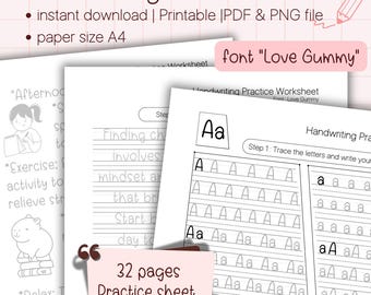 Schreibschrift Übungsblatt: 32 Seiten, Love Gummy Schriftart, A-Z Durchzeichnung (PDF Download)