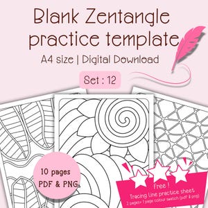 Op de afbeelding: Een set blanco Zentangle-oefen sjablonen. De afbeelding bevat de tekst "Blank Zentangle practice template" en "A4 size | Digital Download". De set bevat 12 sjablonen, 10 pagina's PDF & PNG en een gratis oefenblad voor het traceren van lijnen.