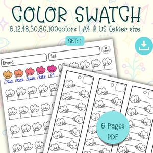 Könnte beinhalten: Druckbare Farbmusterbögen mit dem Text "COLOR SWATCH" und "6,12,48,50,80,100colors | A4 & US Letter size". Die Bögen enthalten Blumenillustrationen und Farbmuster. Der Text "SET: 1" und "6 Pages PDF" sind ebenfalls sichtbar.