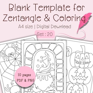 May include: A set of 20 blank Zentangle and colouring templates. The templates include Halloween-themed designs such as pumpkins, spiders, and cauldrons. The set includes 10 pages in PDF and PNG formats, A4 size.