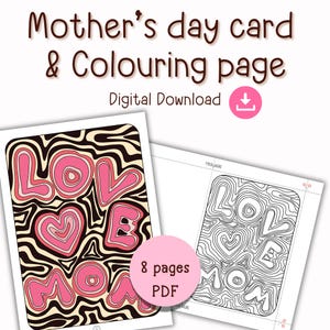Carte de fête des mères imprimable, téléchargement immédiat, page à colorier de carte de fête des mères, carte de coloriage abstraite, carte pour maman, carte de fête des mères doodle