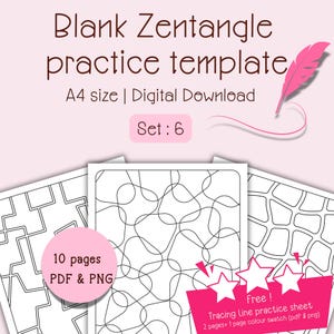 May include: A set of 10 printable Zentangle practice templates in A4 size. The templates feature different geometric patterns for creative doodling. The set includes PDF and PNG files. A free tracing line practice sheet is also included.