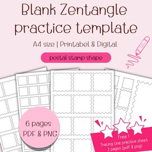 May include: Six printable pages of blank postal stamp shaped templates for Zentangle practice. The templates are in black and white and are designed for A4 size paper. The listing also includes a free tracing line practice sheet.