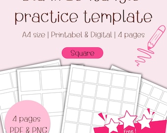May include: A printable Zentangle practice template with a square grid layout. The template is available in PDF and PNG formats and includes four pages. The image also shows a free tracing line practice sheet available in PDF and PNG formats.