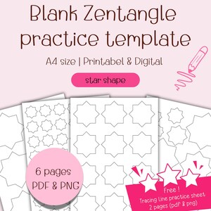 May include: Printable Zentangle practice template featuring a star shape. The template includes 6 pages in PDF and PNG format. A free tracing line practice sheet is also included.