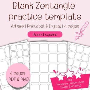 May include: Four printable pages of blank square and rounded square templates for Zentangle practice. The templates are A4 size and are available in PDF and PNG formats. Free tracing line practice sheet is also included.