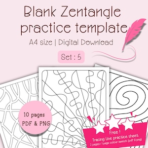 Op de afbeelding: Een roze en witte digitale download met lege Zentangle-oefen sjablonen. De afbeelding bevat de tekst "Blank Zentangle practice template", "A4 size | Digital Download" en "Set: 5". De afbeelding bevat ook de tekst "10 pages PDF & PNG" en "Free! Tracing Line practice sheet".