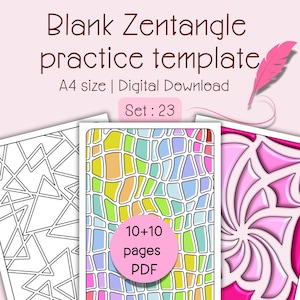Può includere: Modelli di pratica Zentangle vuoti, download digitale. L'immagine mostra tre diversi disegni, tra cui motivi geometrici e astratti. Il testo recita "Blank Zentangle practice template" e "A4 size | Digital Download". Il set include 20 pagine in formato PDF.