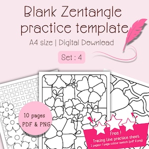 May include: A set of 10 printable Zentangle practice templates in PDF and PNG format. The templates feature floral designs and a grid pattern. The set also includes a free tracing line practice sheet.