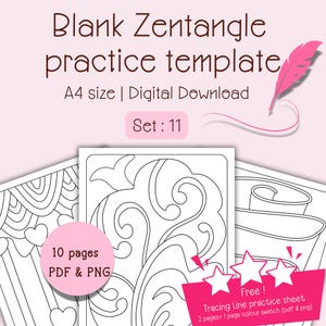 May include: A set of 10 printable Zentangle practice templates in A4 size. The templates feature intricate line designs for coloring and shading. The set also includes a free tracing line practice sheet.