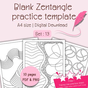 May include: A set of 10 printable Zentangle practice templates in PDF and PNG format. The templates are A4 size and feature various geometric patterns. A free tracing line practice sheet is also included.