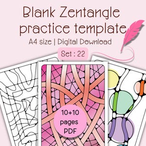Pode incluir: Um download digital de um modelo de prática Zentangle em branco. A imagem mostra três designs Zentangle diferentes, com o texto "Blank Zentangle practice template" e "A4 size | Digital Download". O conjunto inclui 22 modelos, 10+10 páginas em formato PDF.