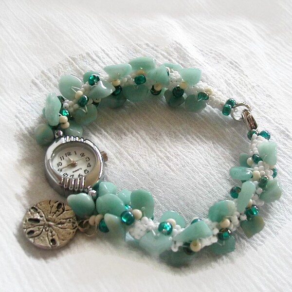 Amazonite Sand Dollar Charm Beadwoven Bracelet Watch~Bracelet Watch~Summer Watch~Beach Watch~Boho Watch~Spiral Rope Watch~Beadwoven Watch