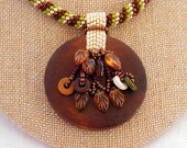Autumn Colors Wooden Pendant  and Leaves Beadwoven Necklace  ~Charm Dangle Necklace~Boho Necklace~Autumn Necklace~Spiral Weave Necklace