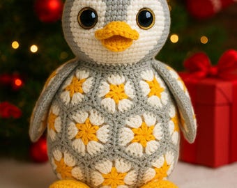 ペンギンのアフリカンフラワーのかぎ針編みパターン、雪だるまのかぎ針編み、編みぐるみのかぎ針編みパターン、PDF説明書、クリスマスのかぎ針編み