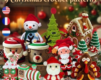 9 in 1 Christmas Crochet Patterns Bundle , Santa/snowman/gift boxes/gingerbread train/ christmas house / christmas wreath / xmas tree