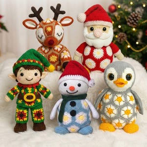 May include: A collection of handmade crochet Christmas ornaments. The ornaments include a reindeer, Santa Claus, an elf, a snowman, and a penguin. The text "Christmas African flowers Collection" is displayed at the top of the image.