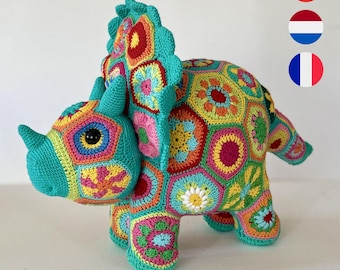 Triceratops African Flowers Crochet Pattern, african flowers crochet design, amigurumi crochet, Multi language ENGLISH/DUTCH/français
