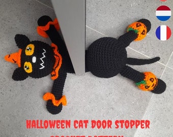 押しつぶされたハロウィン猫ドアストッパーかぎ針編みパターン - ハロウィンおもちゃのかぎ針編み - わかりやすい - インスタントダウンロード - 英語/オランダ語/フランス語