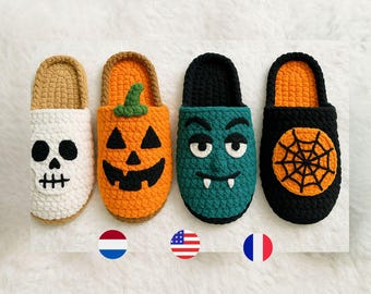 4er Set Halloween Hausschuhe Häkelmuster, Halloween Hausschuhe gehäkelt, Halloween Amigurumi, Kürbis Hausschuhe, ENGLISCH, Französisch, NIEDERLÄNDISCH