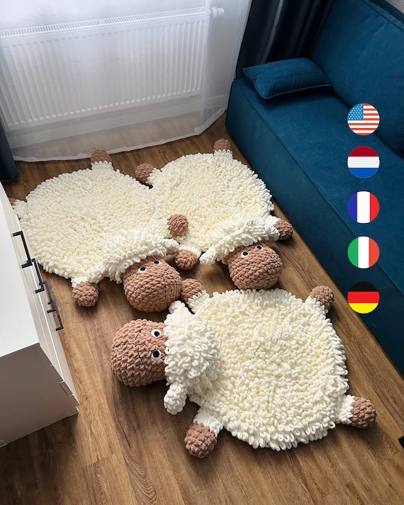 Crochet Fluffy Sheep Rugs Crochet Pattern, kids rug, playroom rug, fluffy sheep rug crochet, Multi language ENG/DUTCH/FR/Italian/German
