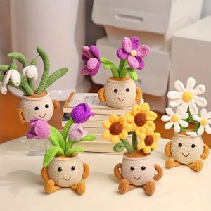 Häkelanleitung für das Set mit 5 Topfblumen, Sonnenblume, Schneeglöckchen, lila Lilie, Gänseblümchen, Tulpen, Blumen gehäkelt