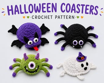 4-in-1 不気味なハロウィンマグカップコースターかぎ針編みパターン、分かりやすいかぎ針編みパターン、ハロウィンかぎ針編みコースター
