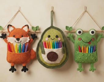 3-in-1 Hanging Pocket Organizers Crochet Pattern | Frog, Fox & Avocado Wall Decor Crochet | Nursery Wall Decor | Amigurumi Organizer