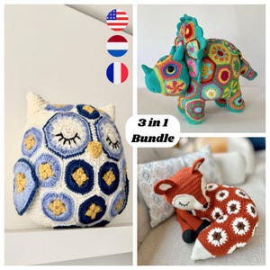 May include: A collection of three crocheted items: an owl cushion, a triceratops, and a fox. The owl is white, blue, and yellow. The triceratops is multi-coloured. The fox is orange and white. The text "3 in 1 Bundle" is also visible.