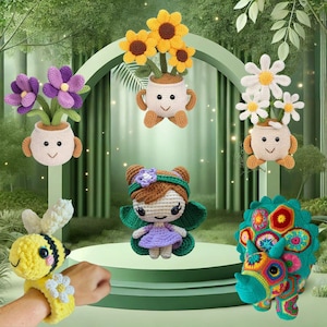 May include: A collection of crocheted amigurumi toys, including a flower pot with purple flowers, a flower pot with yellow flowers, a flower pot with white flowers, a fairy with brown hair and a purple dress, and a colorful dinosaur.