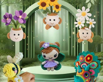 May include: A collection of crocheted amigurumi toys, including a flower pot with purple flowers, a flower pot with yellow flowers, a flower pot with white flowers, a fairy with brown hair and a purple dress, and a colorful dinosaur.