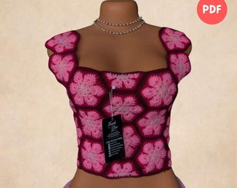 African Flowers Top Crochet Pattern , Boho crop top , summer festival top crochet pattern, PDF digital crochet, Granny squares outfits