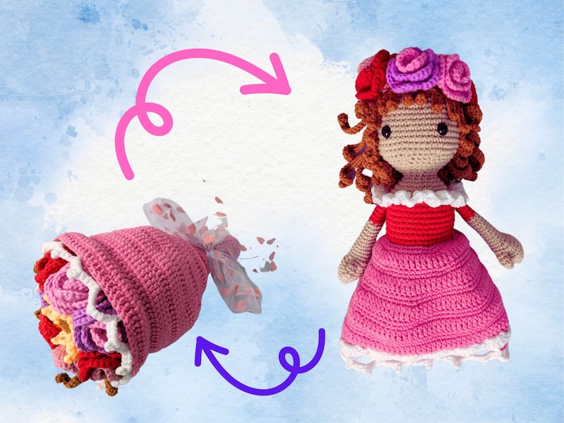 May include: A crocheted doll wearing a pink dress with a red bodice and a flower crown. The doll is holding a crocheted bouquet of flowers in a pink wrapper.