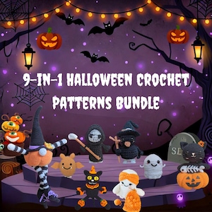 9-in-1-Häkelanleitungen für Halloween, Geist, Fledermaus, Eule, Halloween-Katze, dehnbarer Gnom für Halloween, Geschenke für Halloween, Halloween-Kürbisse
