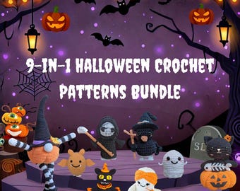 9 in 1 Halloween crochet patterns Bundle, Ghost,Bat,owl,halloween cat, stretchable gnome halloween, gifts halloween, Halloween pumpkins