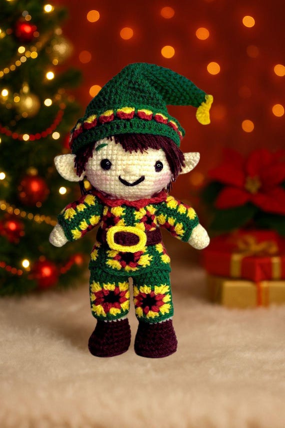 Christmas Elf African flowers Crochet Pattern , christmas amigurumi, elf christmas crochet pattern, festive crochet patterns