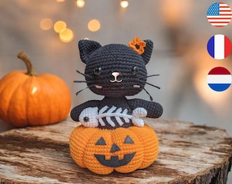 Häkelanleitung für eine Halloween-Kürbiskatze, Häkelgeschenk, gruselige Halloween-Häkelarbeit, Halloween-Amigurumi, Halloween-Tier-Plüschtiere, ENG/DTCH/FR