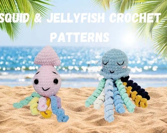 May include: Two crocheted stuffed animals, a pink squid and a blue jellyfish, on a sandy beach with ocean waves in the background. The text "Squid & Jellyfish Crochet Patterns" is displayed above the animals.
