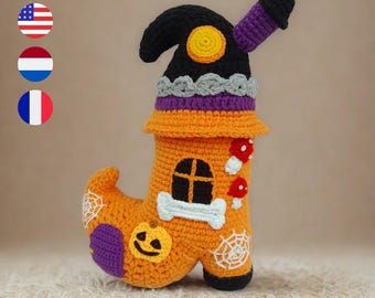 Häkelanleitung für ein Halloween-Hexenstiefelhaus, Hexenhäkeln, gruselige Amigurumi-Halloween-Dekoration, Spukhaus, PDF, ENGLISCH/Französisch/NIEDERLÄNDISCH