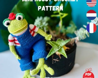 Mr.froggy かぎ針編みパターン - かわいいカエルのあみぐるみパターン - PDF 説明書 + ビデオチュートリアル - インスタントダウンロード - 英語/オランダ語/フランス語