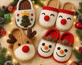 4 Christmas Slippers Crochet Patterns Set – Snowman, Reindeer, Santa & Christmas Tree Crochet – Festive PDF Crochet Pattern Bundle