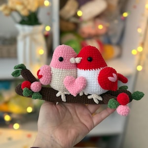 Può includere: Uccelli all'uncinetto, uno rosa e crema, l'altro rosso e bianco, appollaiati su un ramo marrone con foglie verdi e bacche rosse e rosa. Un cuore rosa è tra loro. Decorazione fatta a mano.