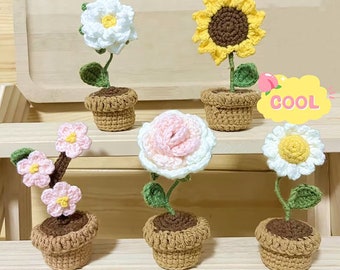 Op de afbeelding: Zes gehaakte bloempotten met verschillende bloemontwerpen. De bloemen omvatten een zonnebloem, een witte madeliefje, een roze roos en een roze kersenbloesem. De potten zijn allemaal bruin en hebben een geweven textuur. De bloemen zijn gerangschikt op een houten plank. Het woord "COOL" staat in een roze spraakballon.