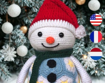 雪だるまのアフリカの花のかぎ針編みパターン、クリスマスの編みぐるみ、アフリカの花のモチーフ、雪だるまの赤ちゃんのおもちゃ、クリスマスの装飾、クリスマス