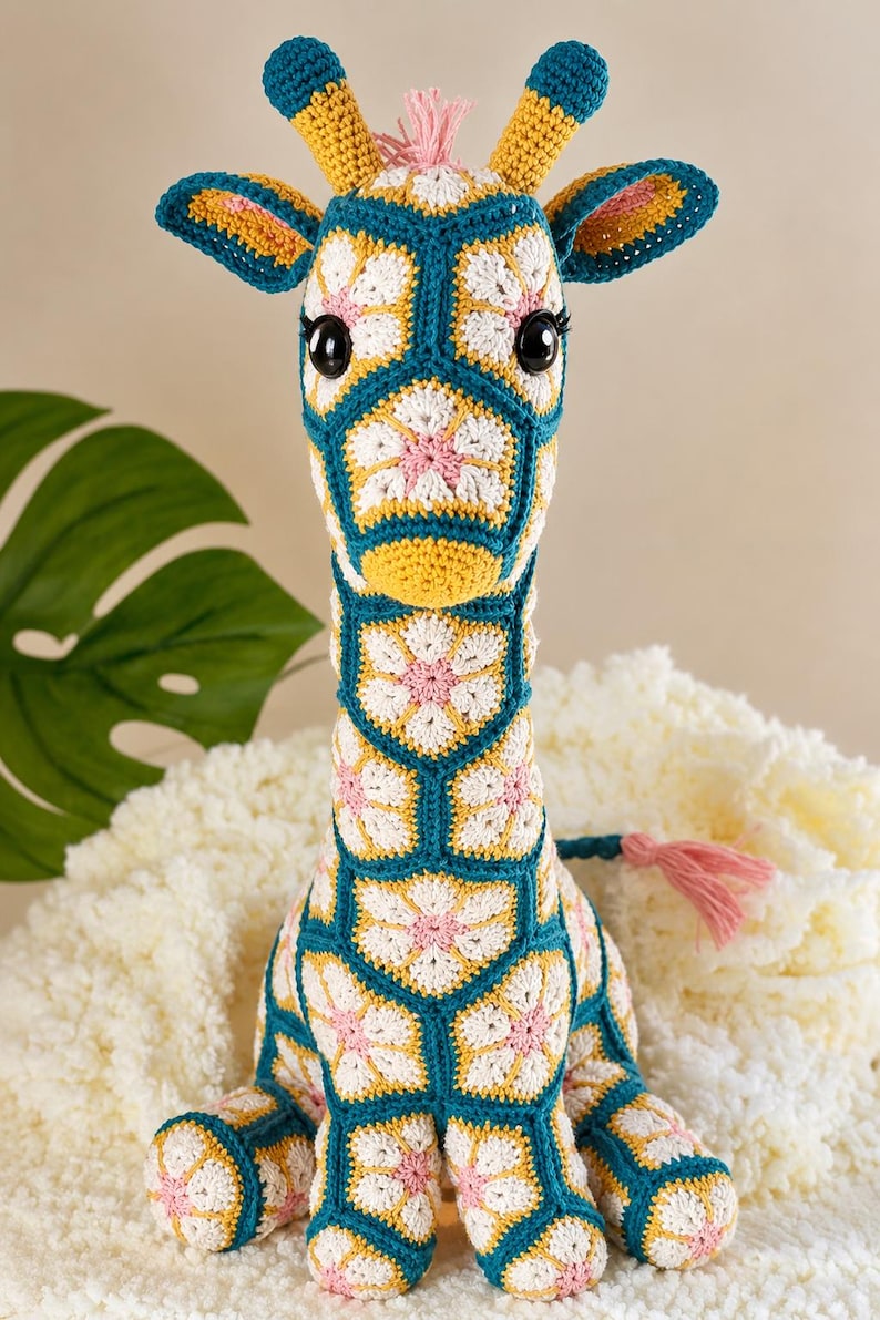 May include: A crochet giraffe stuffed animal constructed from hexagonal floral motifs in teal, white, yellow, and pink yarn. The giraffe features two small horns, large black plastic eyes with eyelashes, and a pink yarn tuft on its head and tail.